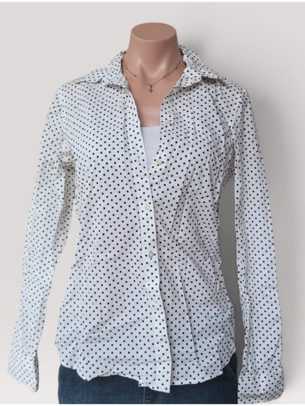 Vintage Ralph Lauren Polka Dot White Slim Shirt Top M Cotton